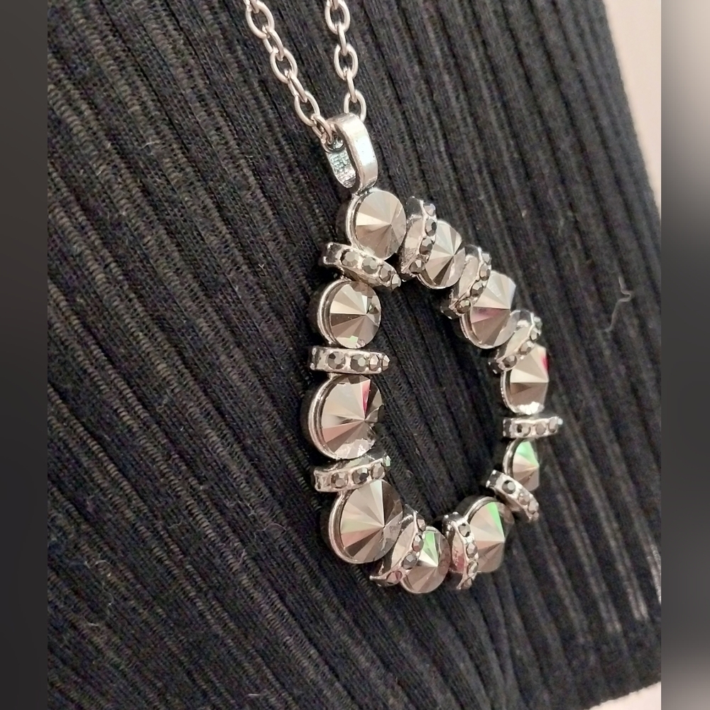 Gun Metal Teardrop Pendant on Long Silver Tone Chain Necklace